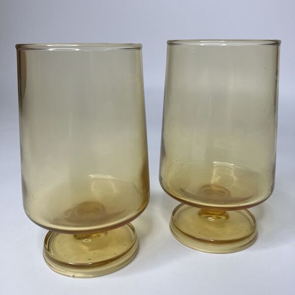 Amber Yellow Glass Footed Pedestal Goblet Drinking Glass 5" Set of 2 Vintage - Picture 1 of 6